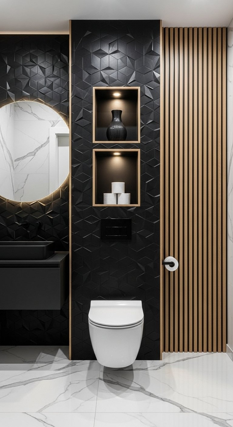 WC moderne avec carrelage mural noir D et niches éclairées
