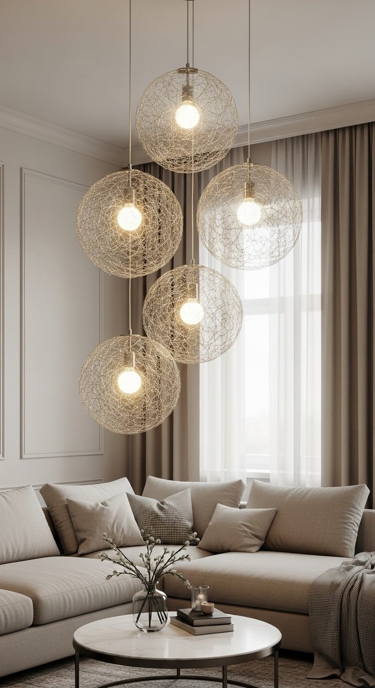 Accumulation de suspensions en fil métallique doré dans un salon cosy