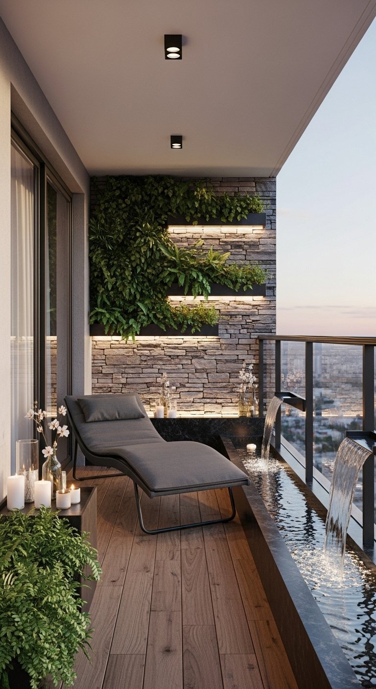 Aménagement de balcon luxueux avec chaise longue et petit bassin d eau à cascades
