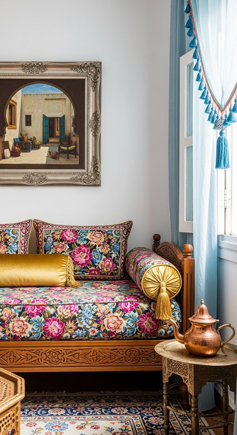 Banquette de salon marocain en bois sculpté avec tissu fleuri