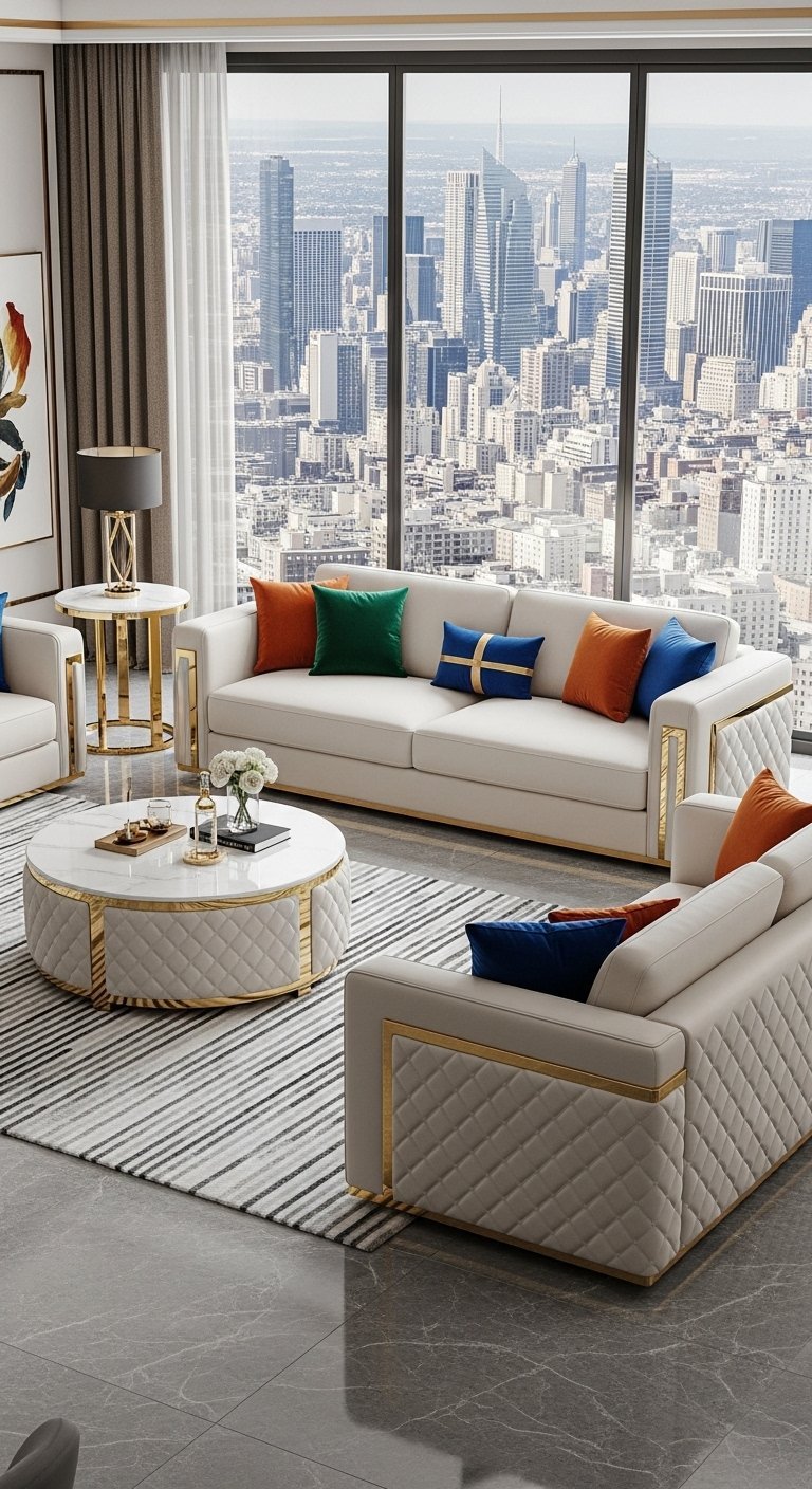 Canapé de salon blanc matelassé avec des accents dorés et une vue sur la ville