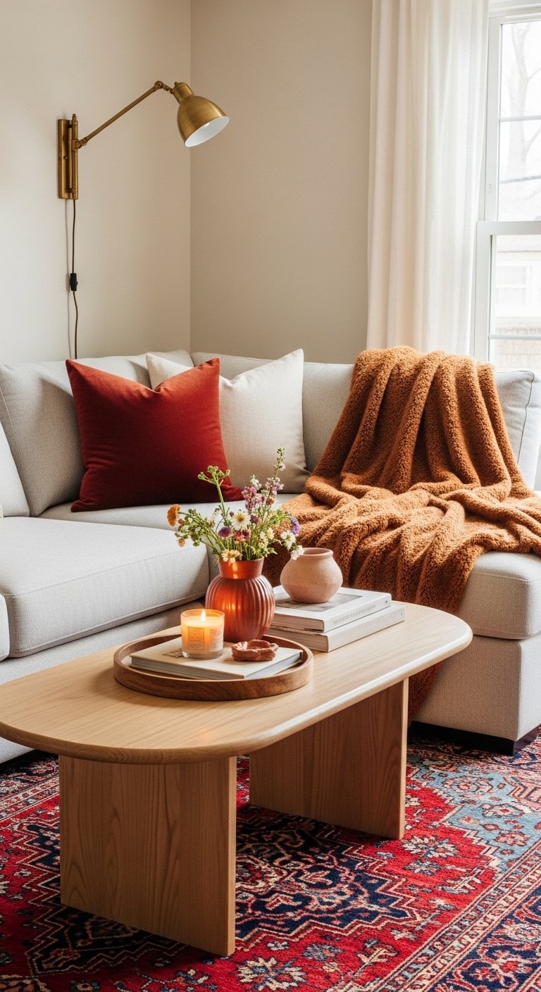 Canape gris clair avec coussin en velours et plaid terracotta tapis persan