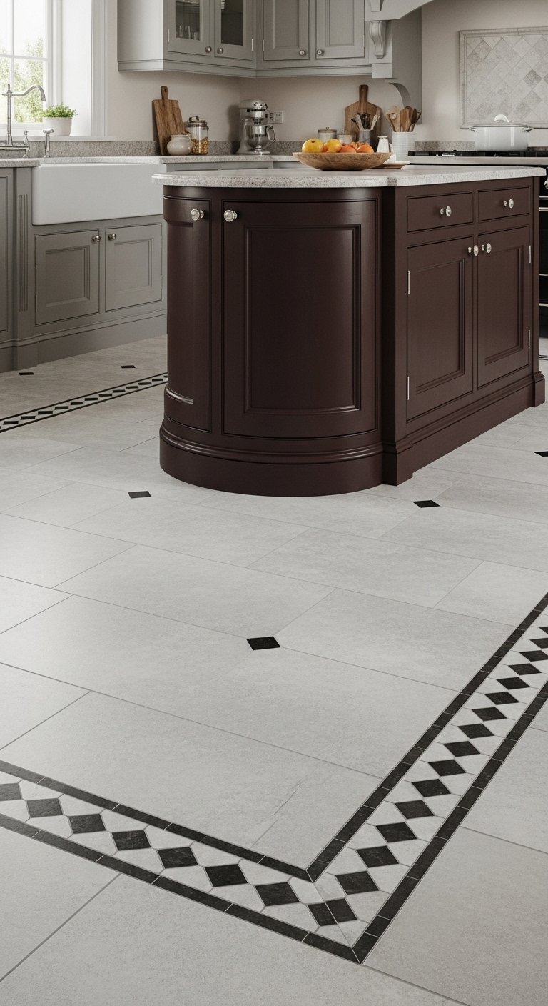Carrelage de sol gris clair avec une bordure decorative noire et blanche