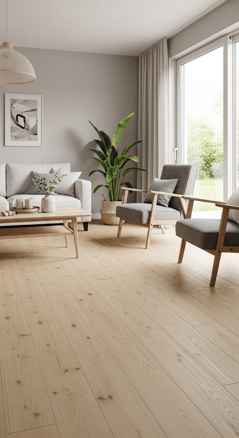 Carrelage imitation parquet chêne naturel mat dans un salon scandinave