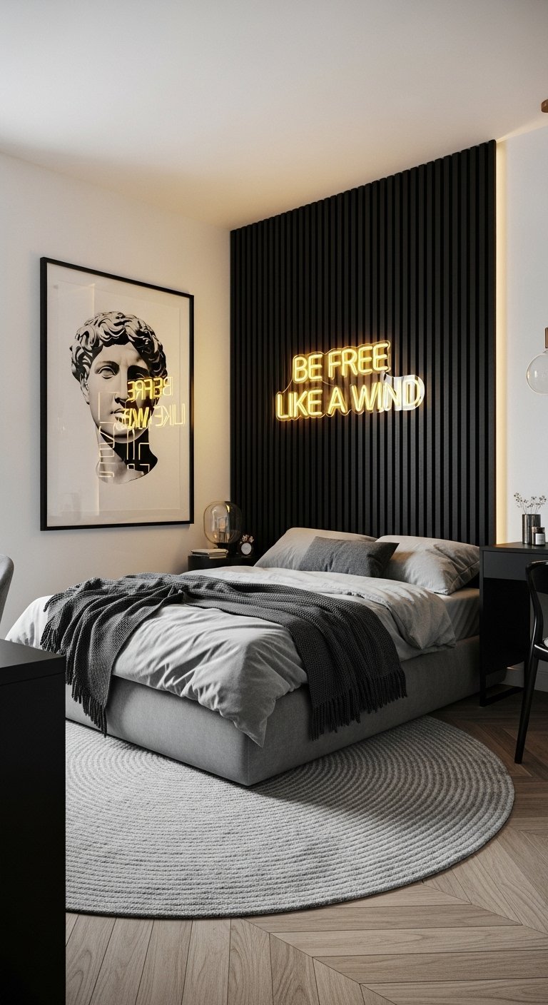 Chambre ado garcon moderne avec mur tasseaux noirs et neon