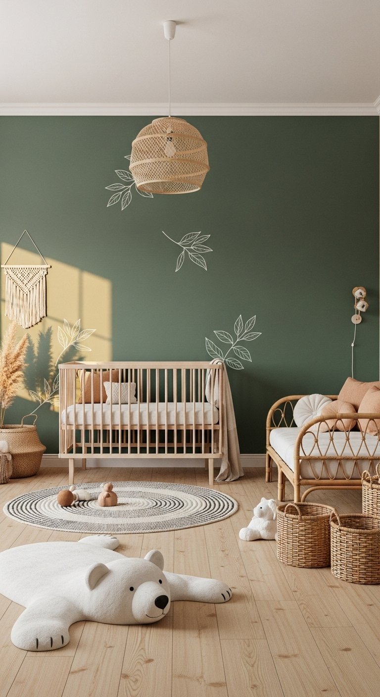 Chambre bebe avec mur vert sauge lit en bois et banquette en rotin