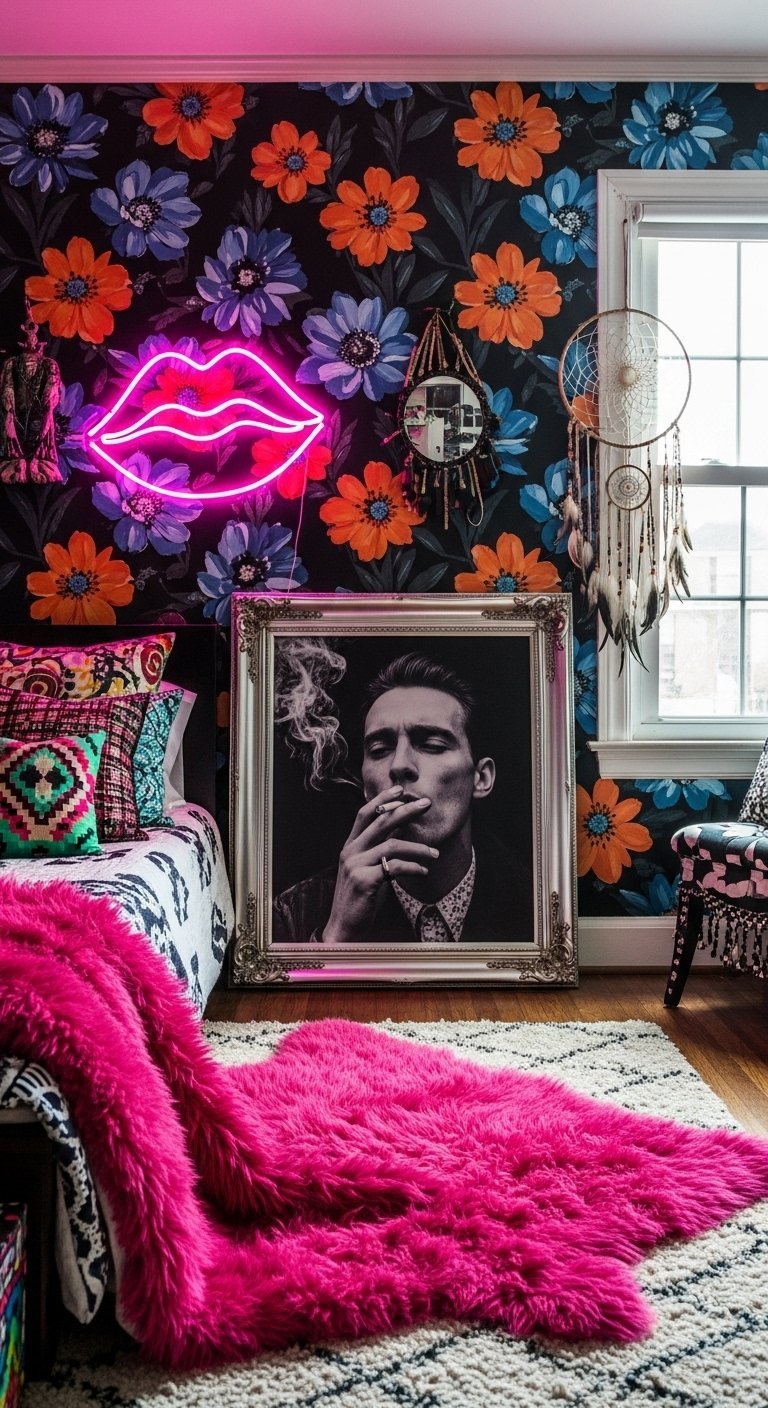 Chambre boheme maximaliste avec papier peint floral sombre et neon rose