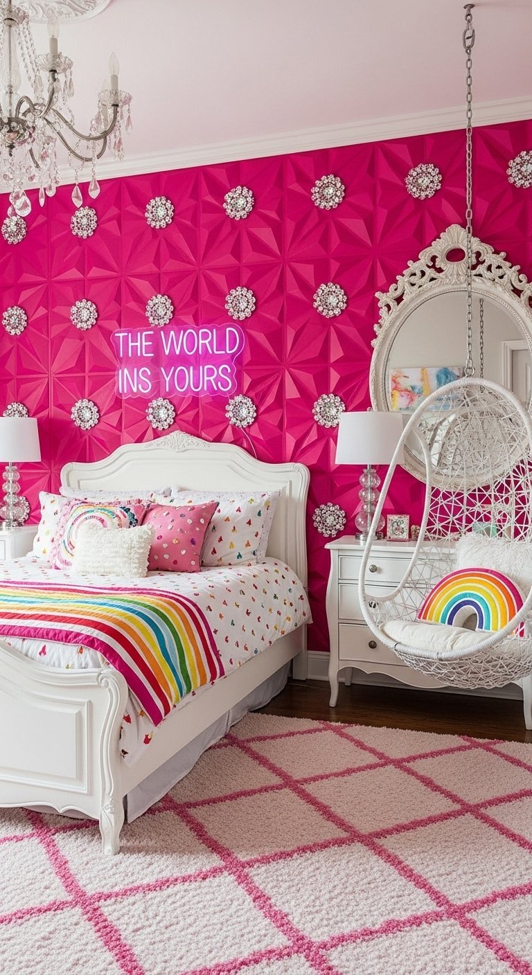 Chambre d ado avec un mur texturé fuchsia un néon et une chaise suspendue blanche