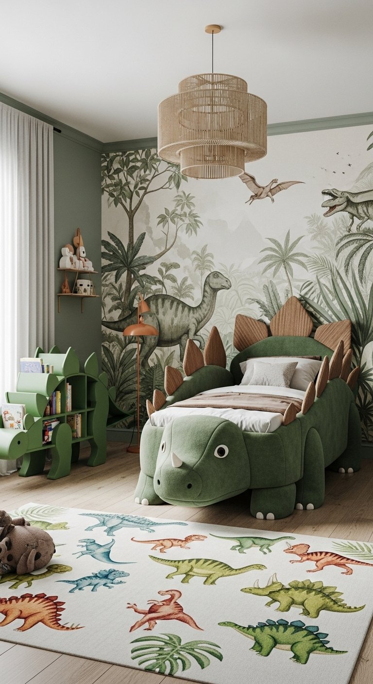 Chambre de garçon sur le thème des dinosaures avec un lit en forme de stégosaure vert