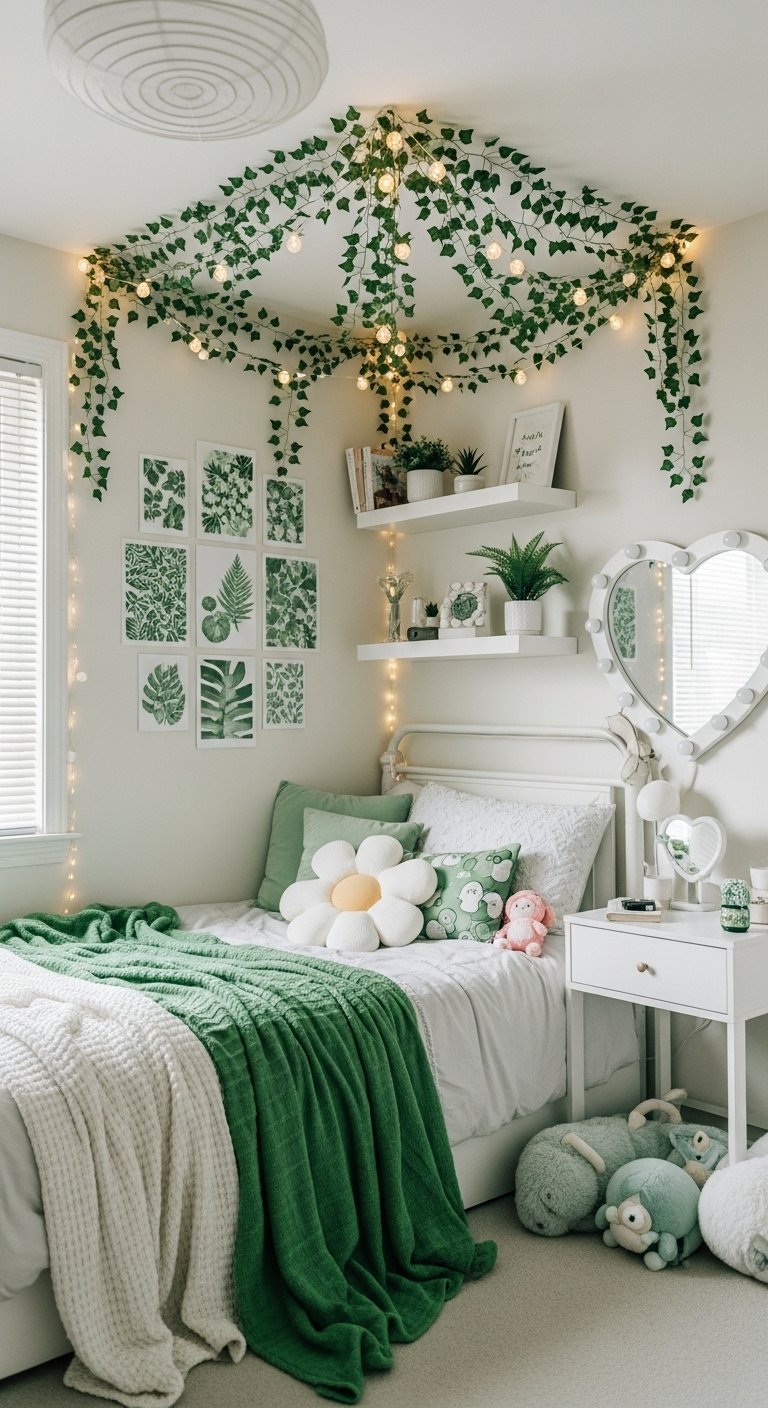 Chambre de style cottagecore avec des guirlandes de lierre au plafond