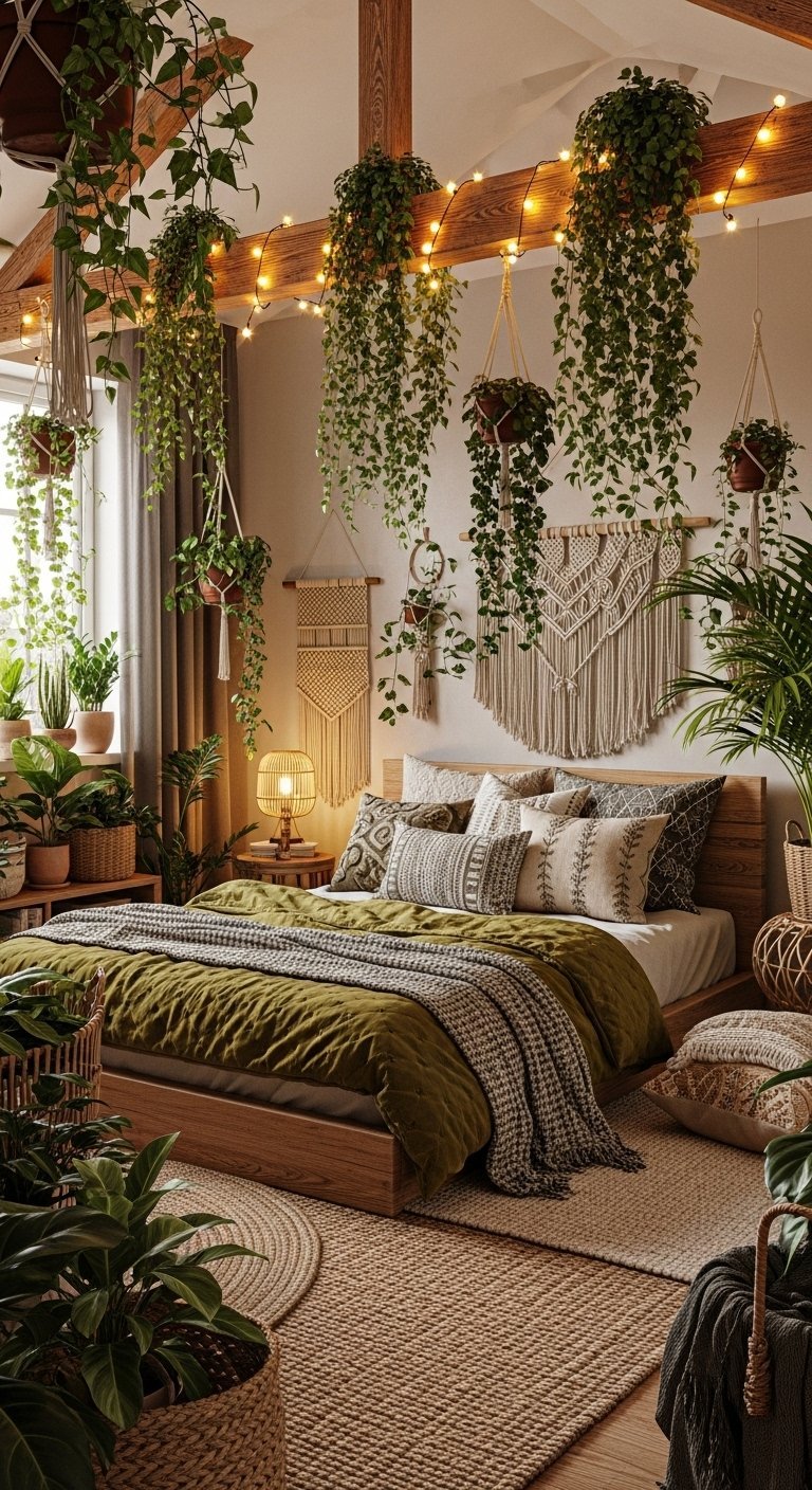 Chambre de style jungle avec des plantes suspendues au dessus du lit