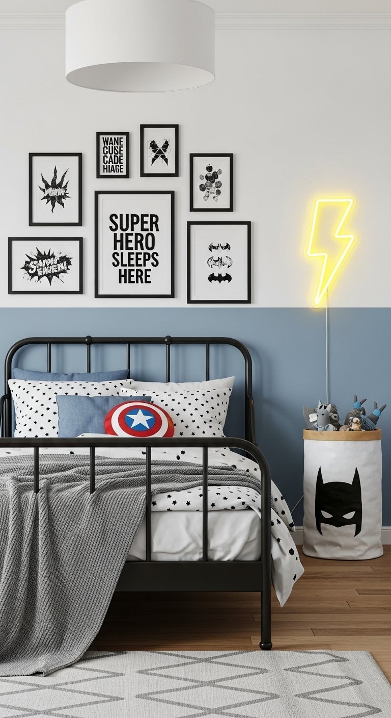 Chambre de super héros avec lit en métal noir et néon mural en forme d éclair