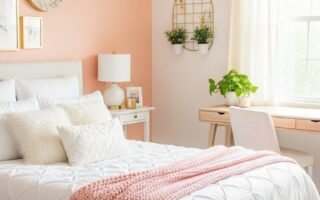 Chambre moderne avec mur d accent peche et plaid en tricot rose