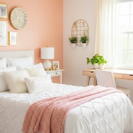 Chambre moderne avec mur d accent peche et plaid en tricot rose