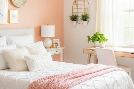 Chambre moderne avec mur d accent peche et plaid en tricot rose