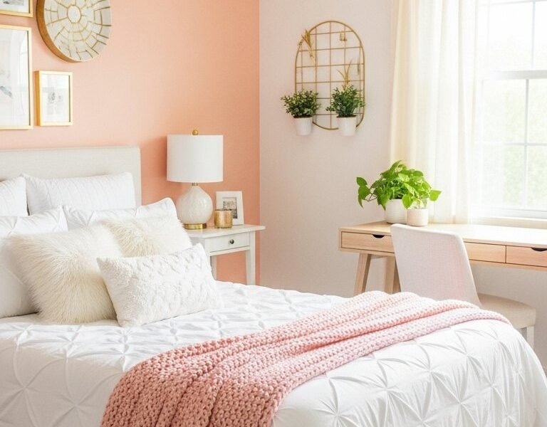 Chambre moderne avec mur d accent peche et plaid en tricot rose