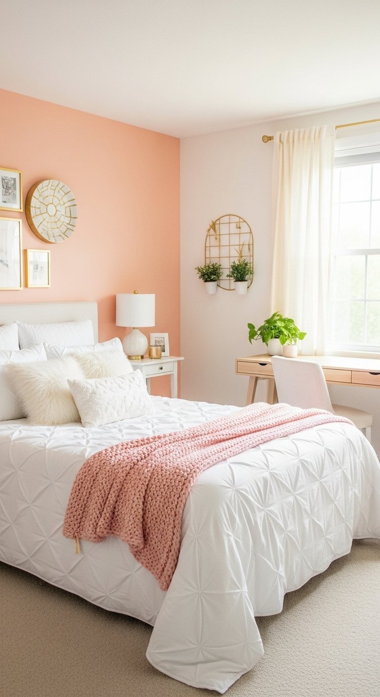 Chambre moderne avec mur d accent peche et plaid en tricot rose