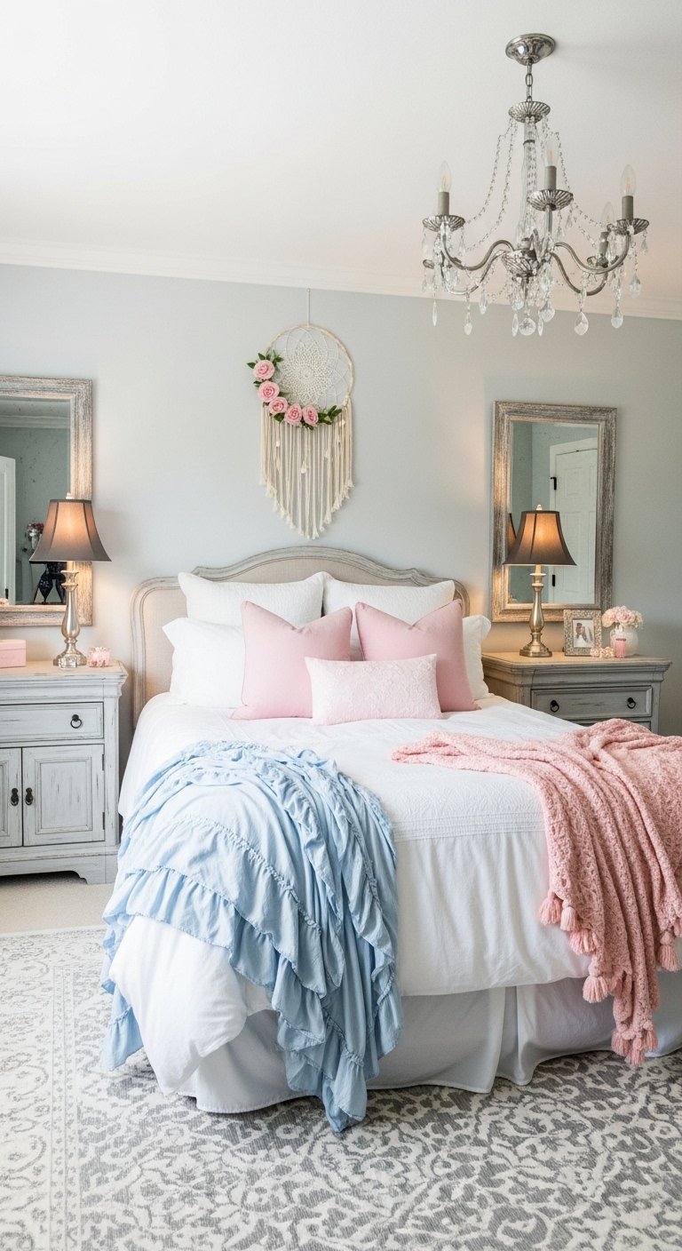 Chambre romantique avec des plaids rose et bleu pastel sur un lit blanc