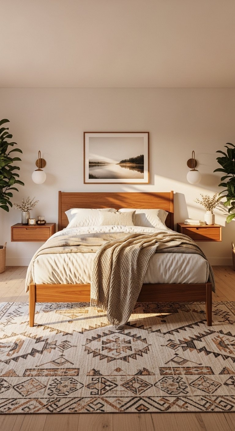 Chambre symétrique avec lit en bois et tables de chevet suspendues