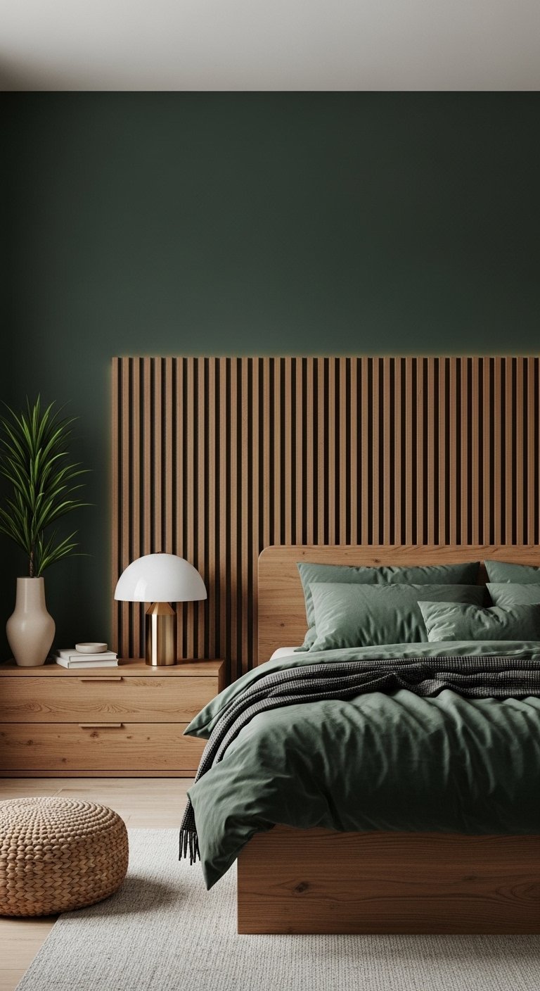 Chambre zen avec mur vert foncé et tête de lit en tasseaux de bois éclairés