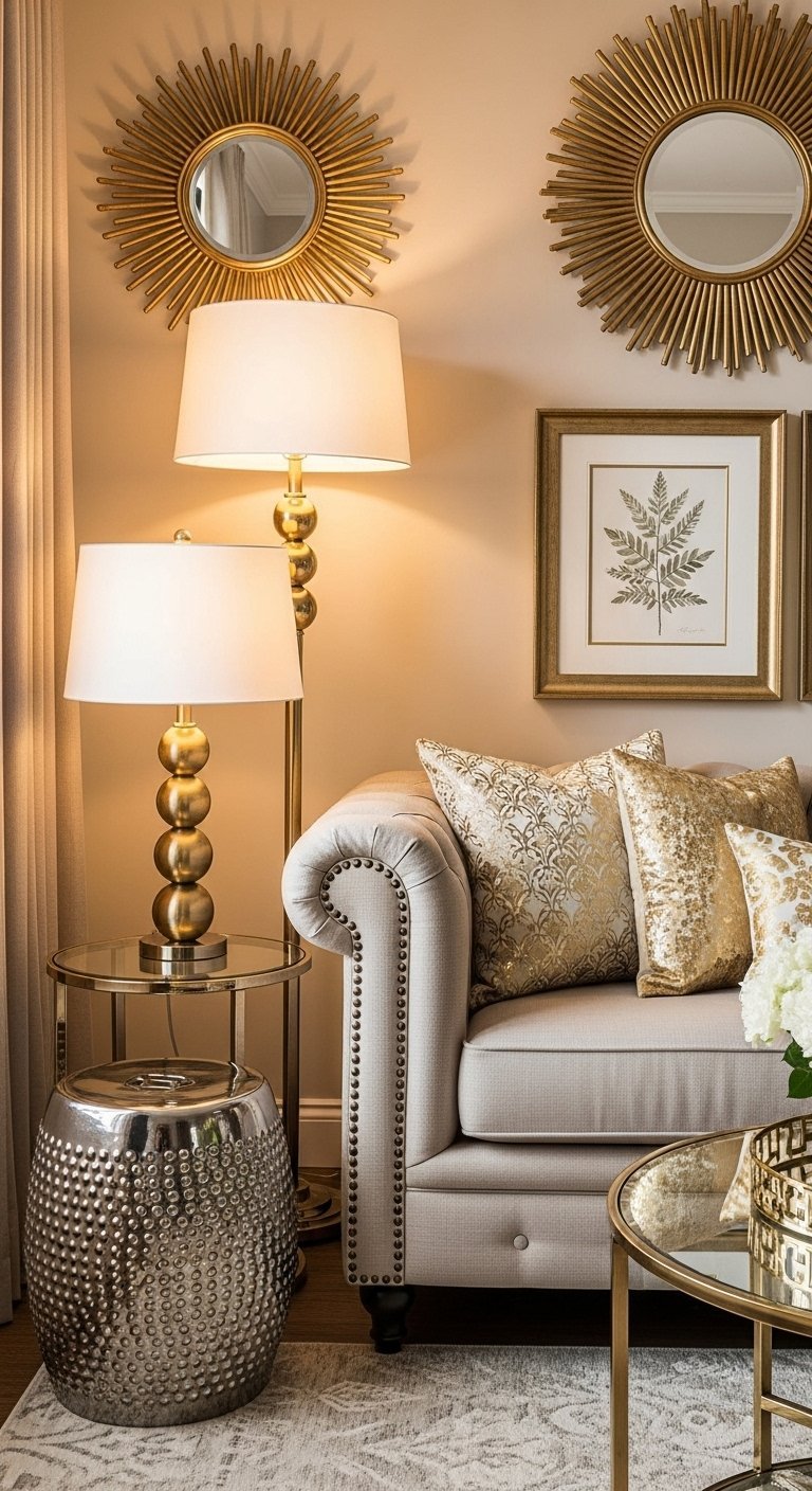 Coin de salon chic avec canape beige et accessoires de decoration dores