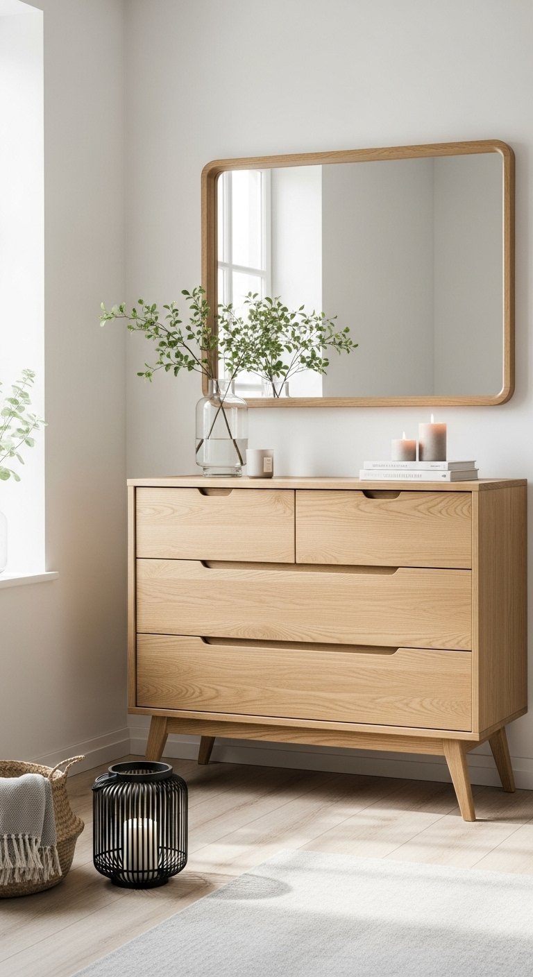 Commode en chêne clair de style scandinave avec quatre tiroirs