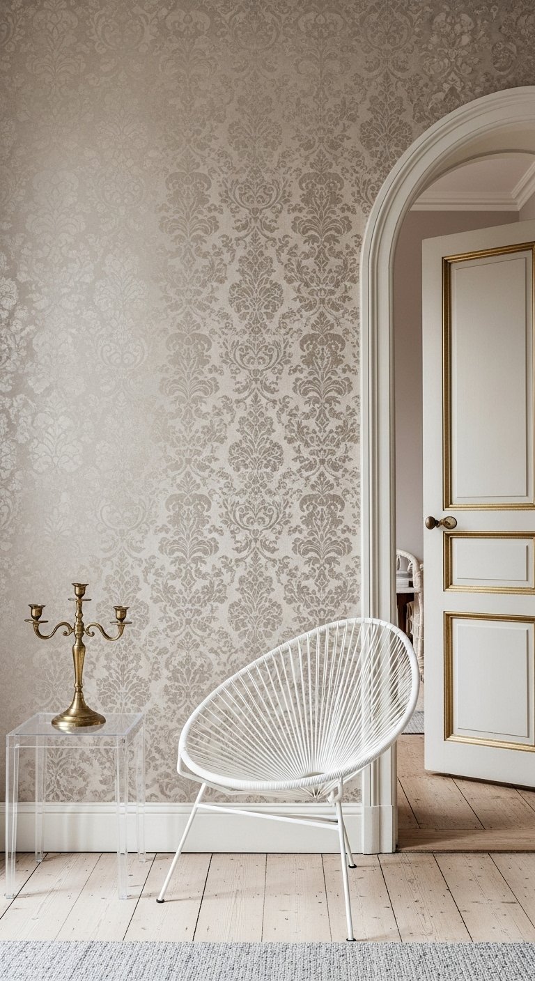 Couloir elegant avec un papier peint damasse dans des tons beiges et metallises