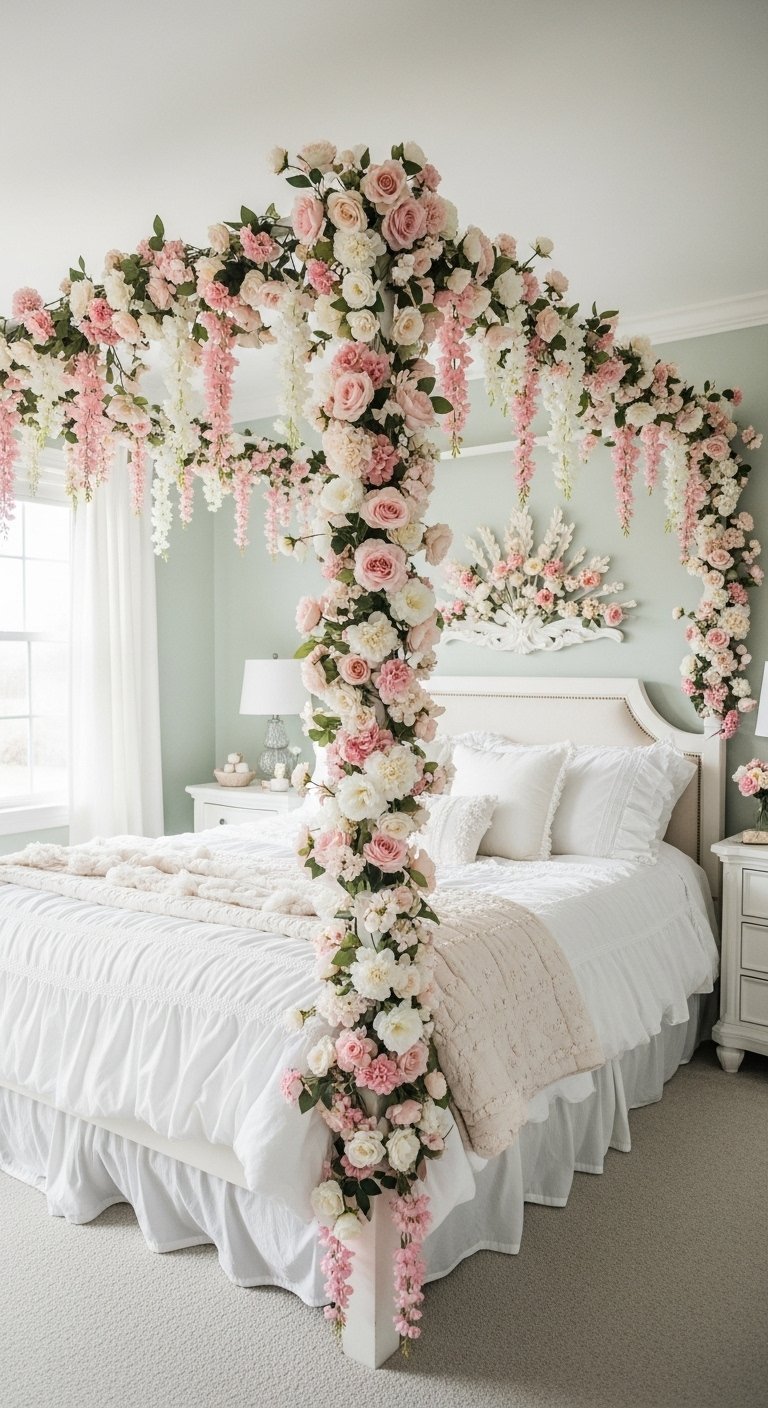 Décoration chambre femme romantique avec un ciel de lit entièrement fleuri