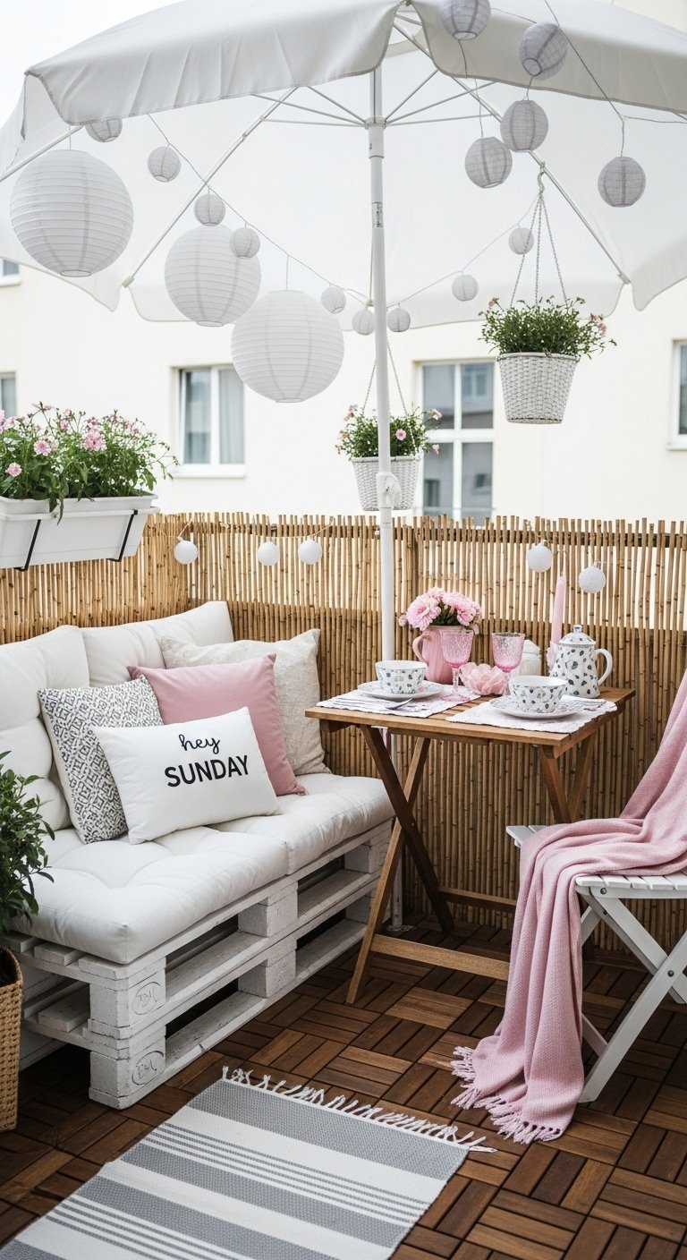Decoration petit balcon en palettes blanches avec coussins roses et parasol blanc