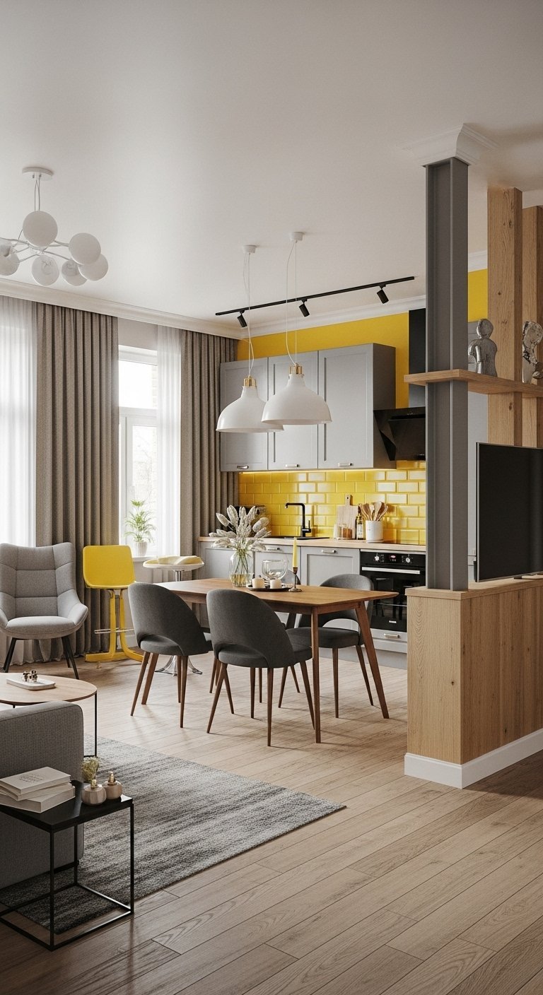 Demi cloison avec meuble TV intégré séparant un salon d une cuisine avec un mur jaune