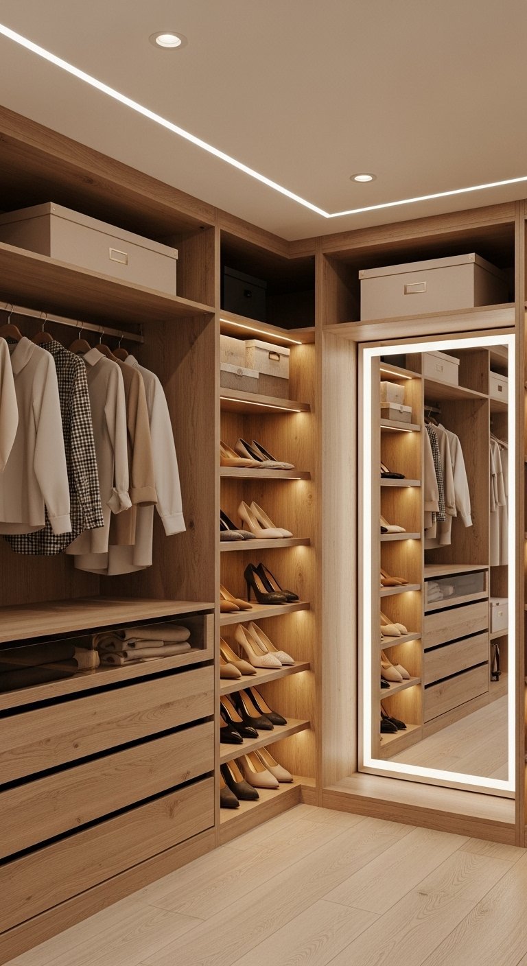 Dressing en bois clair avec étagères à chaussures inclinées et grand miroir