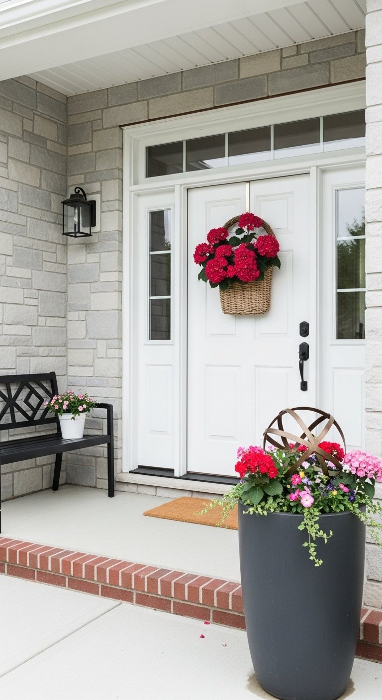 Entree exterieure en brique blanche avec portes noires et pots blancs