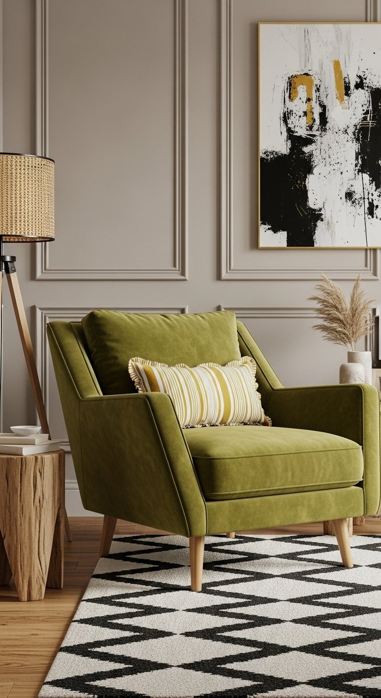 Fauteuil contemporain en velours vert olive avec un coussin à rayures jaunes