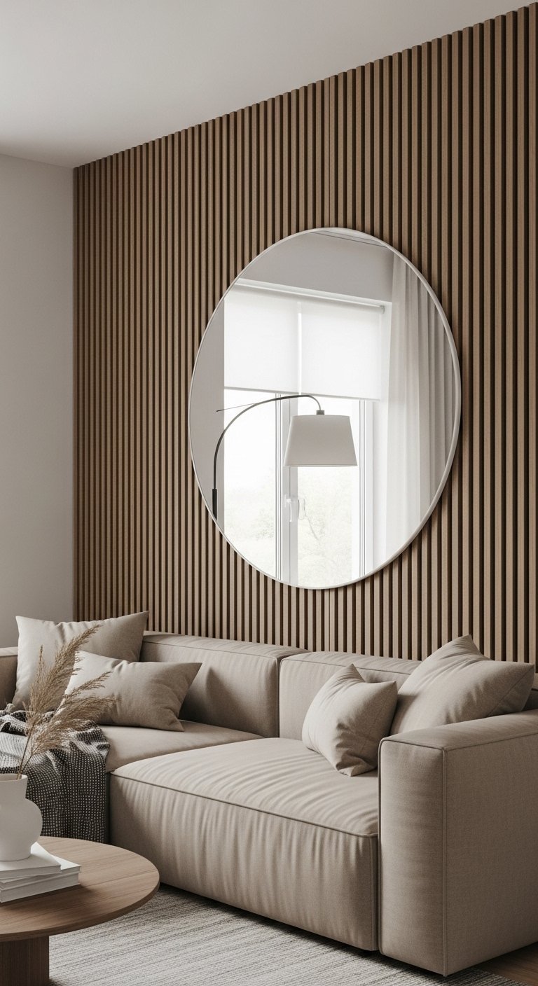 Grand miroir rond avec cadre blanc sur un mur d accent en lattes de bois
