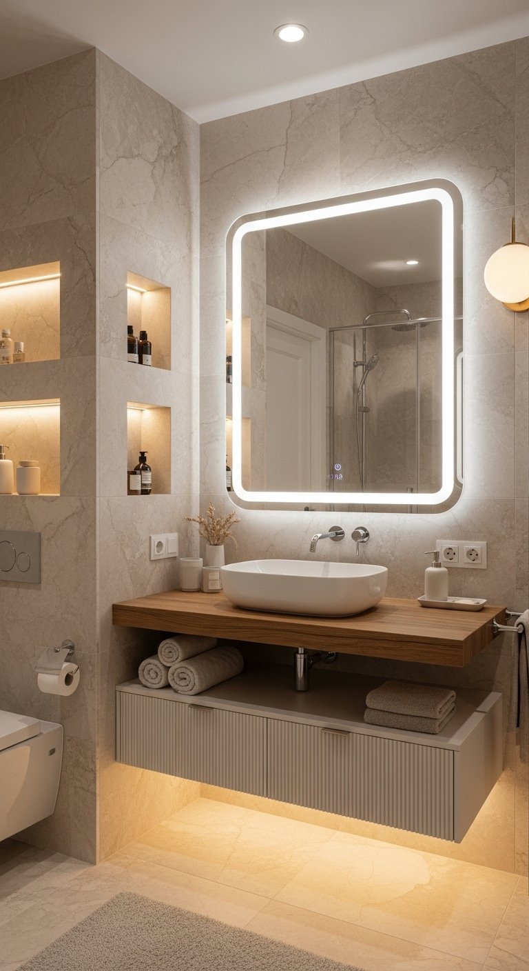 Meuble vasque cannelé en bois clair avec miroir LED carré