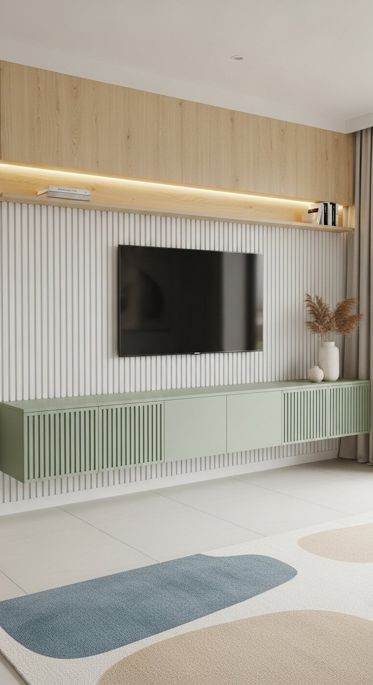 Mur TV scandinave avec lattes blanches et meuble suspendu vert sauge