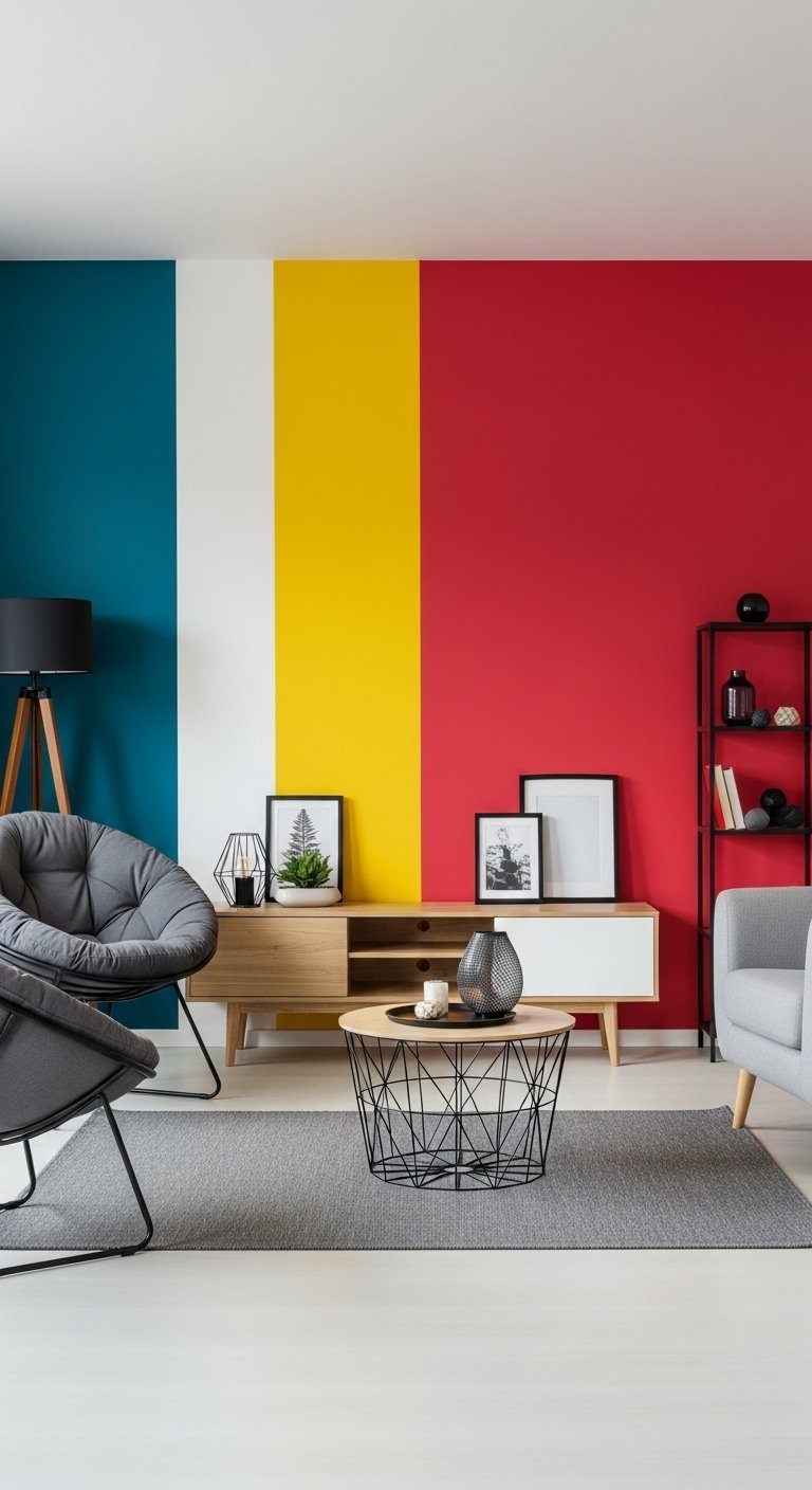 Mur de salon peint avec des bandes verticales bleues jaunes et rouges