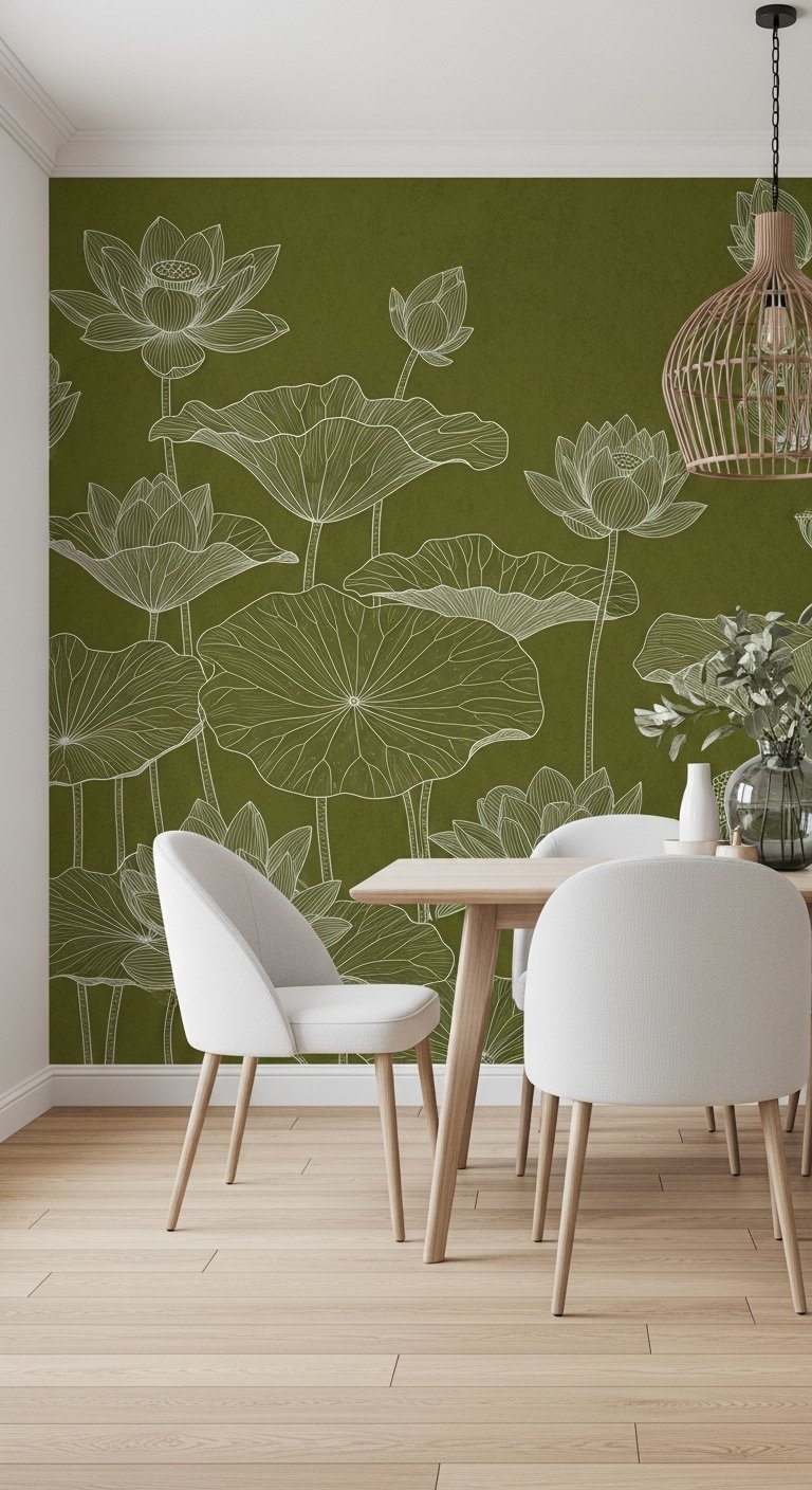 Papier peint panoramique vert olive avec dessins de fleurs de lotus dans une salle à manger