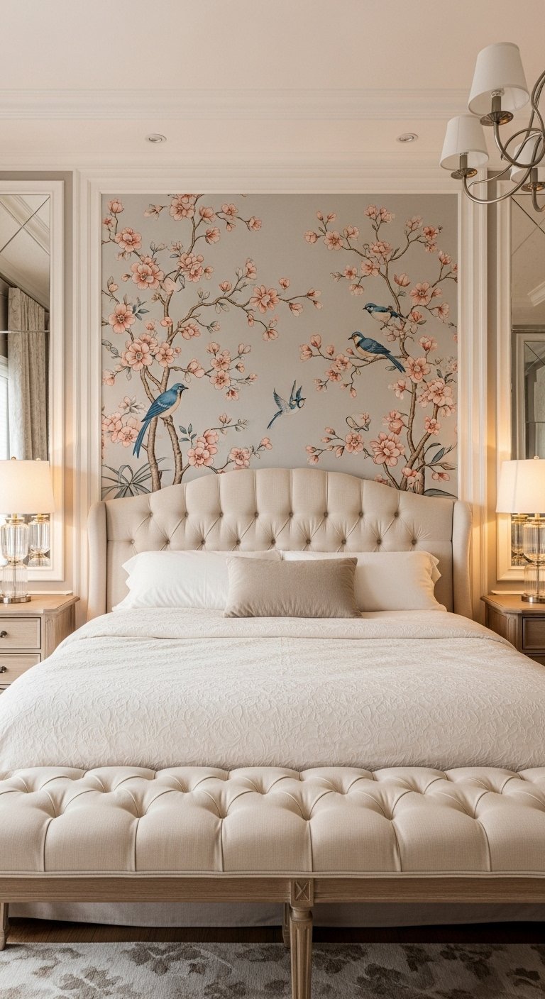 Papier peint style chinoiserie avec oiseaux et fleurs de cerisier derriere un lit beige