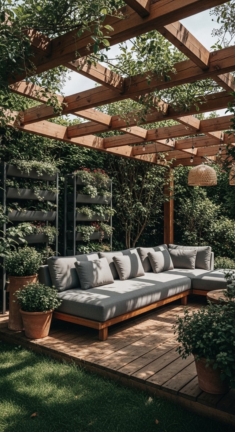 Pergola en bois recouverte de végétation avec un grand canapé d extérieur gris