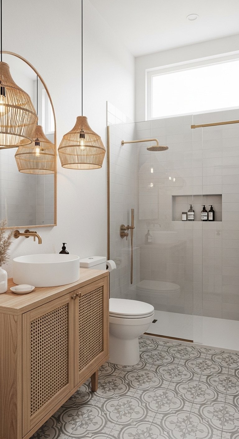 Petite salle de bain tendance bohème avec meuble en cannage et suspensions en rotin