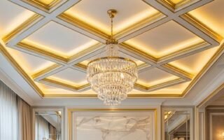 Plafond luxueux à caissons en losange avec moulures dorées et lustre en cristal