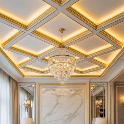 Plafond luxueux à caissons en losange avec moulures dorées et lustre en cristal