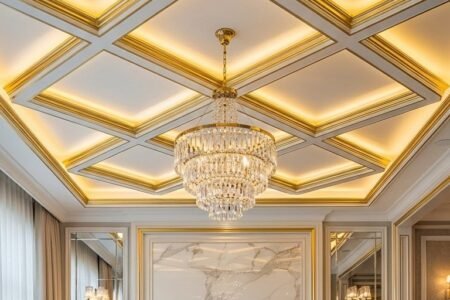 Plafond luxueux à caissons en losange avec moulures dorées et lustre en cristal