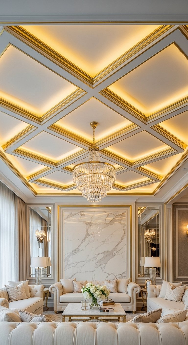 Plafond luxueux à caissons en losange avec moulures dorées et lustre en cristal