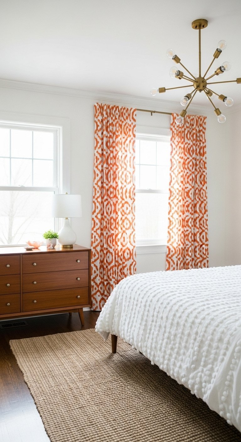 Rideaux a motif ikat orange dans une chambre avec un lustre sputnik