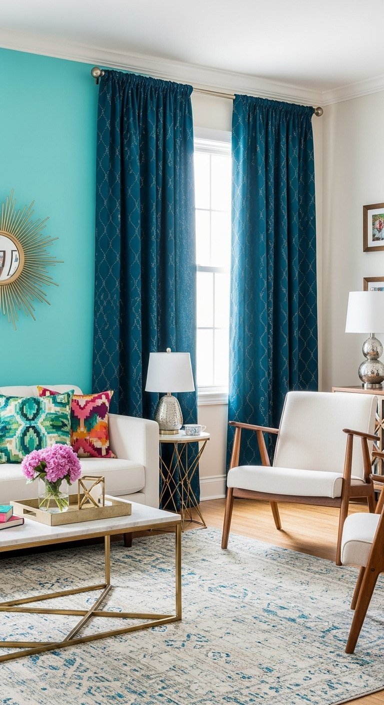 Rideaux bleu pétrole avec de discrets motifs dorés dans un salon éclectique