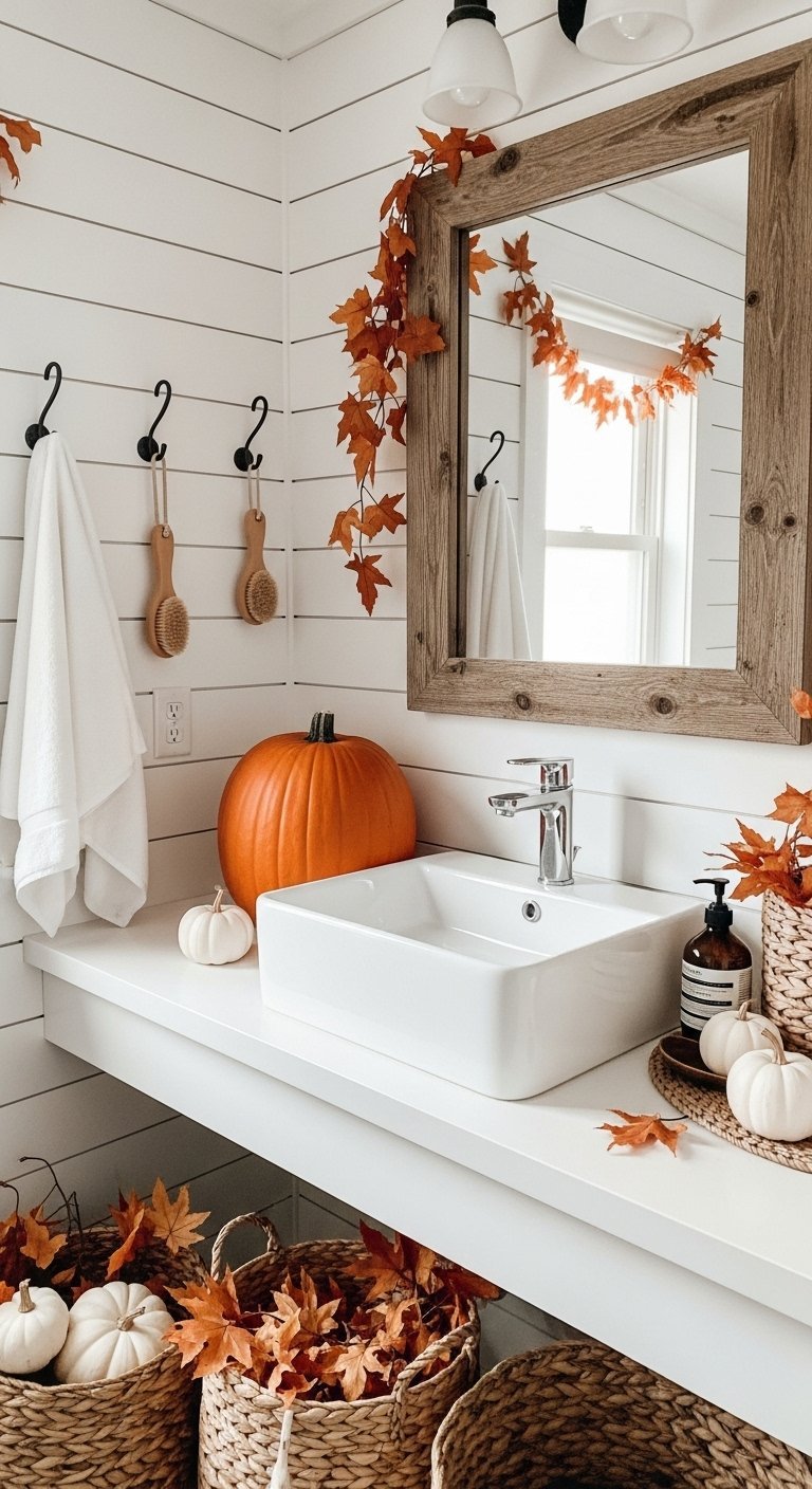 Salle de bain blanche avec décoration d automne et miroir en bois