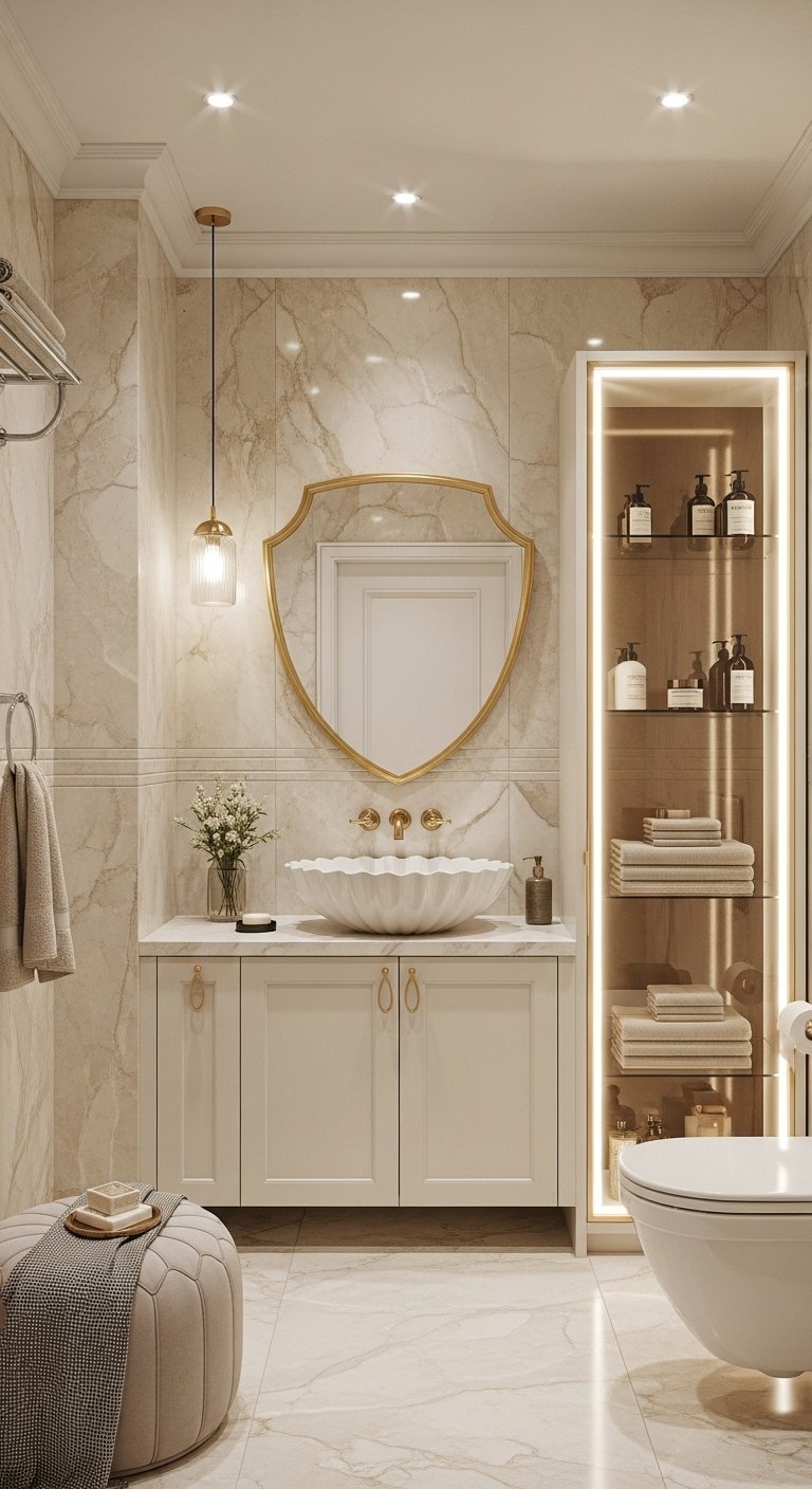 Salle de bain de luxe avec murs en marbre et vasque en forme de coquillage