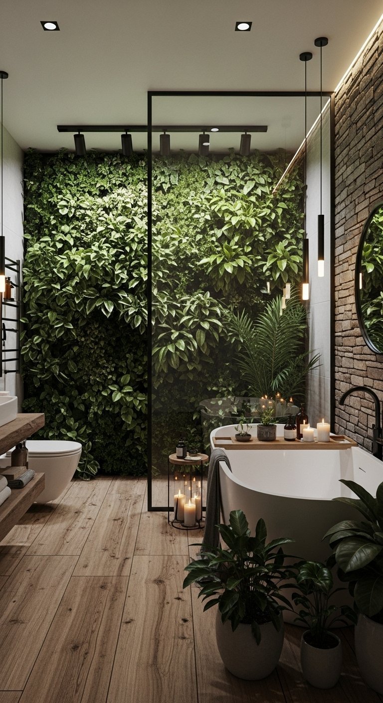 Salle de bain nature avec douche italienne et mur vegetal